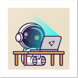 Cute Astronaut Working On Laptop Cartoon Posters and Art